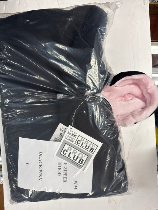 PRO CLUB PILE ZIP UP HOODIE BLACK/PINK HEAVY WEIGHT