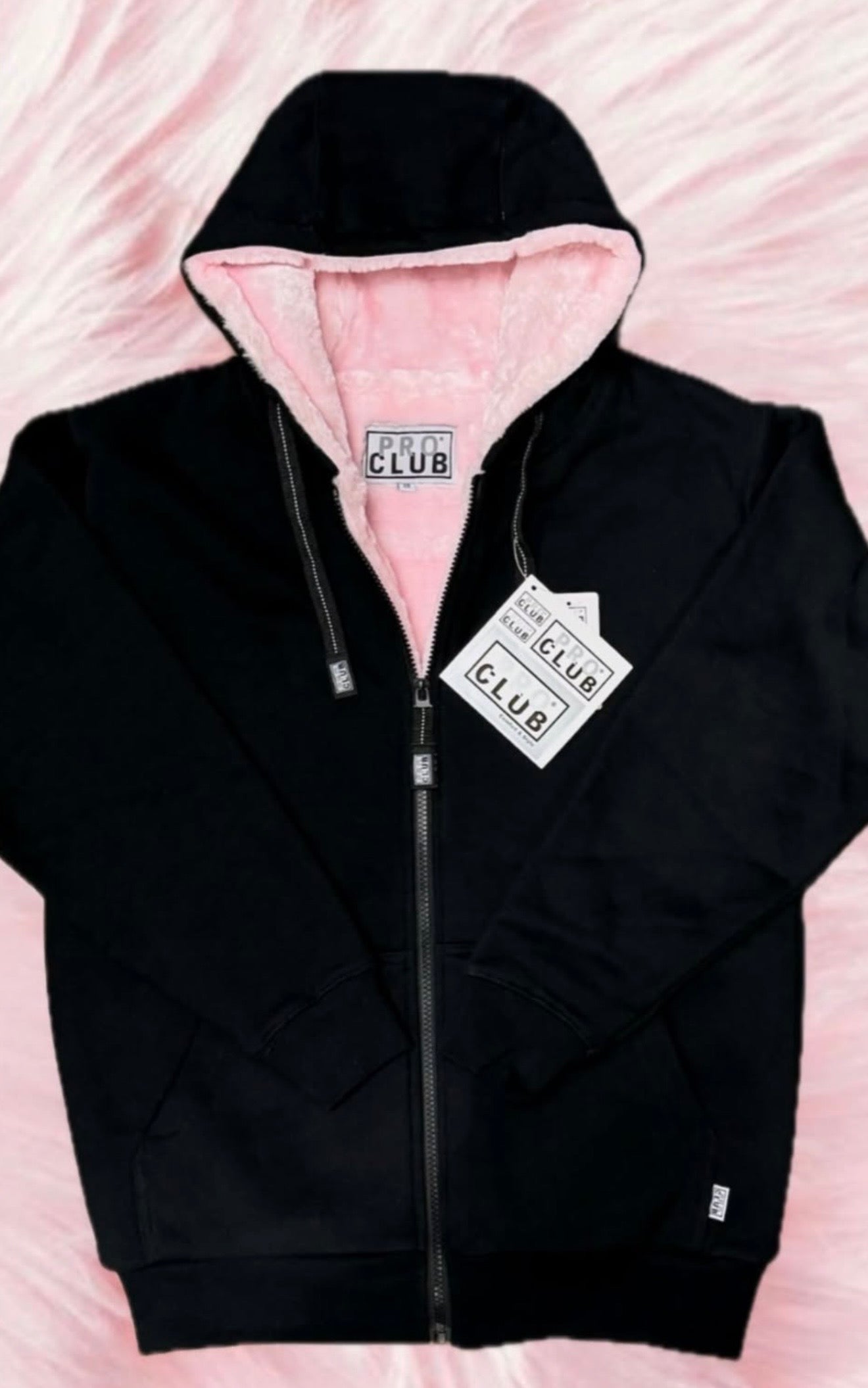 PRO CLUB PILE ZIP UP HOODIE BLACK/PINK HEAVY WEIGHT