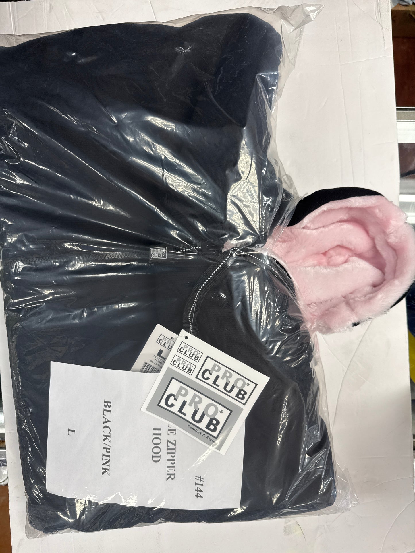 PRO CLUB PILE ZIP UP HOODIE BLACK/PINK HEAVY WEIGHT